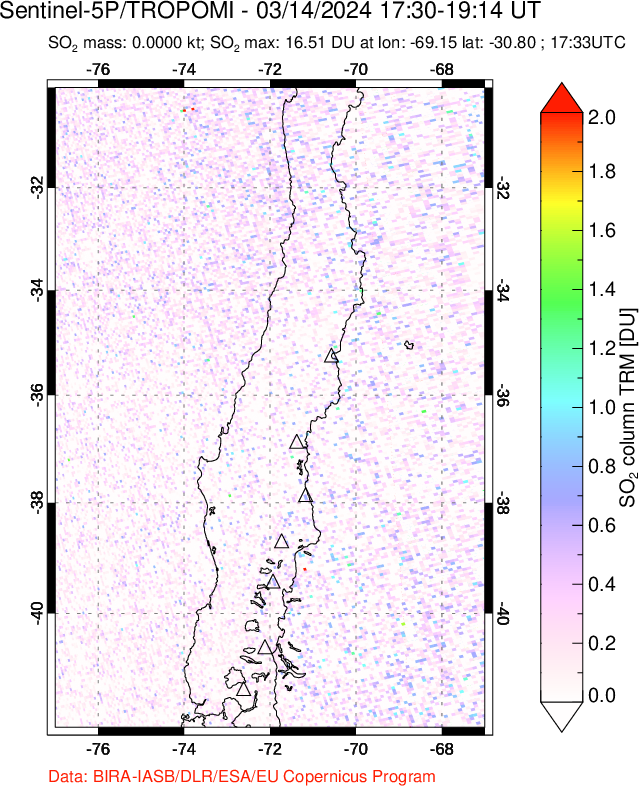 A sulfur dioxide image over Central Chile on Mar 14, 2024.