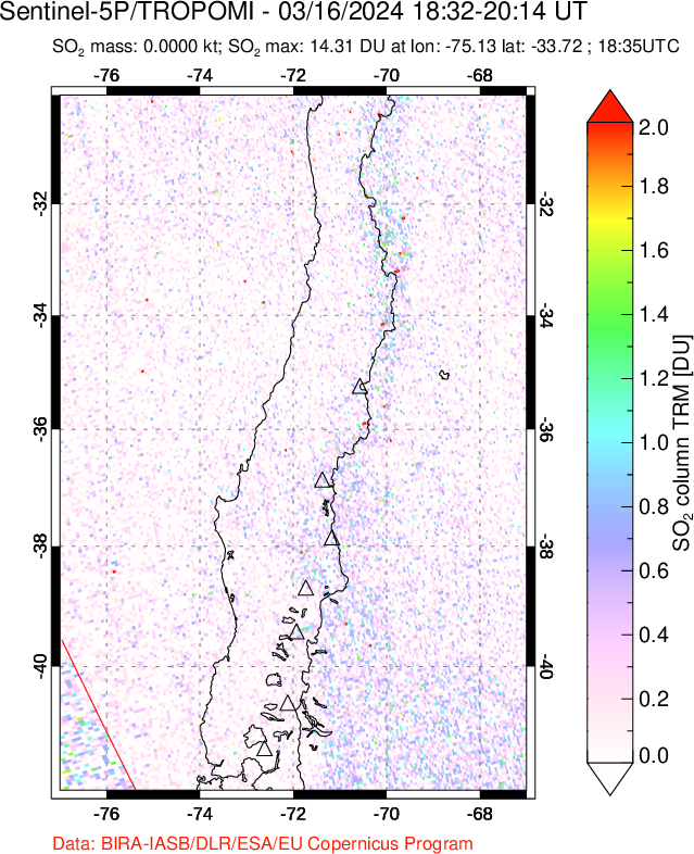 A sulfur dioxide image over Central Chile on Mar 16, 2024.