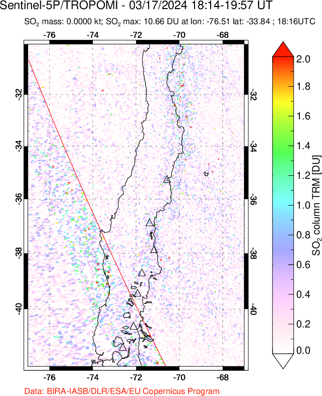 A sulfur dioxide image over Central Chile on Mar 17, 2024.