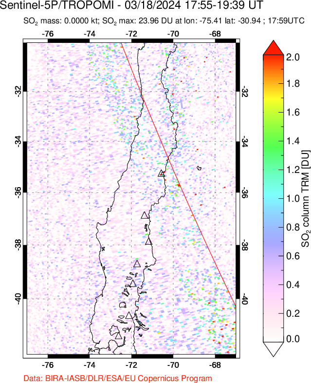 A sulfur dioxide image over Central Chile on Mar 18, 2024.