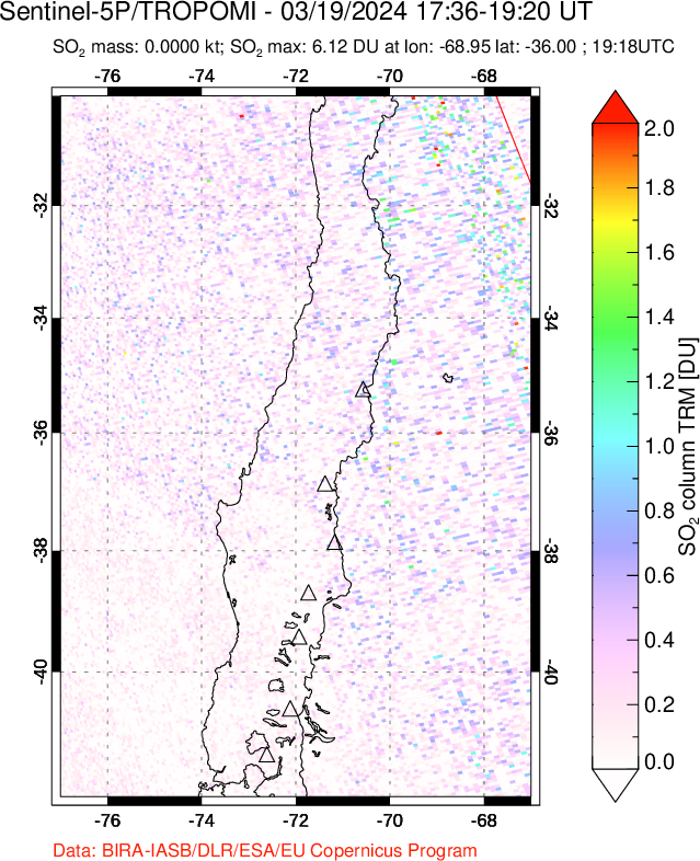 A sulfur dioxide image over Central Chile on Mar 19, 2024.