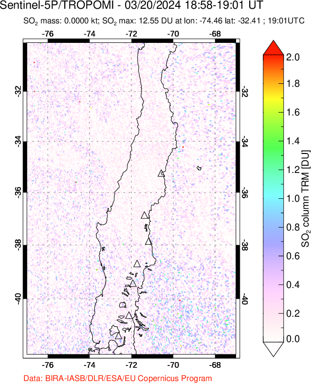 A sulfur dioxide image over Central Chile on Mar 20, 2024.