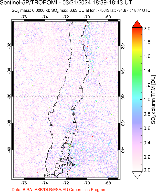 A sulfur dioxide image over Central Chile on Mar 21, 2024.