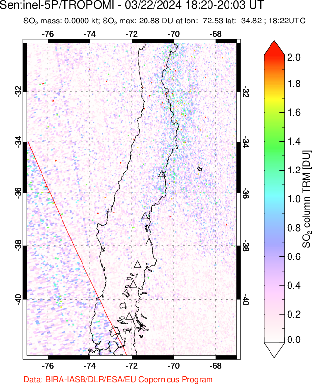 A sulfur dioxide image over Central Chile on Mar 22, 2024.