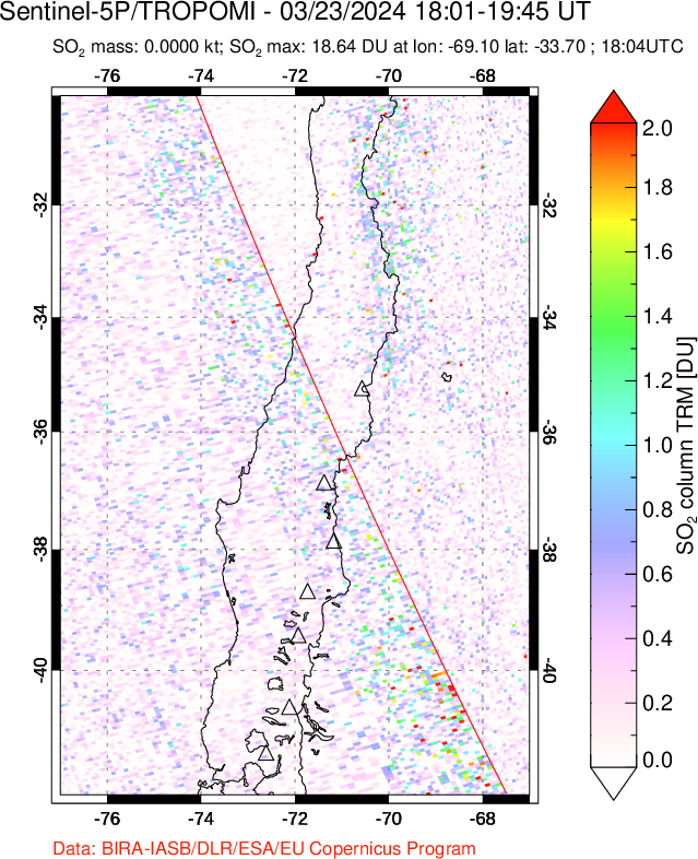 A sulfur dioxide image over Central Chile on Mar 23, 2024.