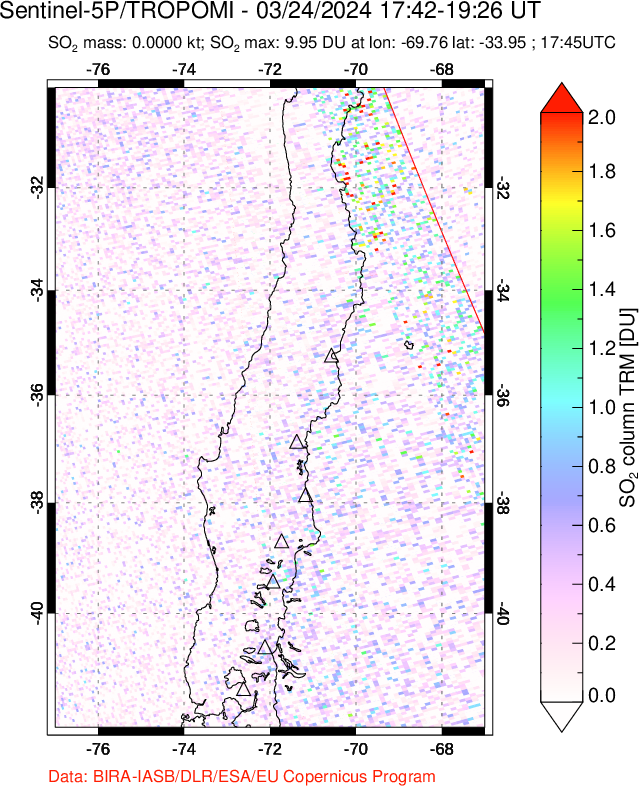 A sulfur dioxide image over Central Chile on Mar 24, 2024.