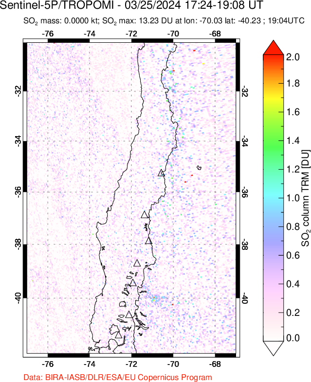 A sulfur dioxide image over Central Chile on Mar 25, 2024.