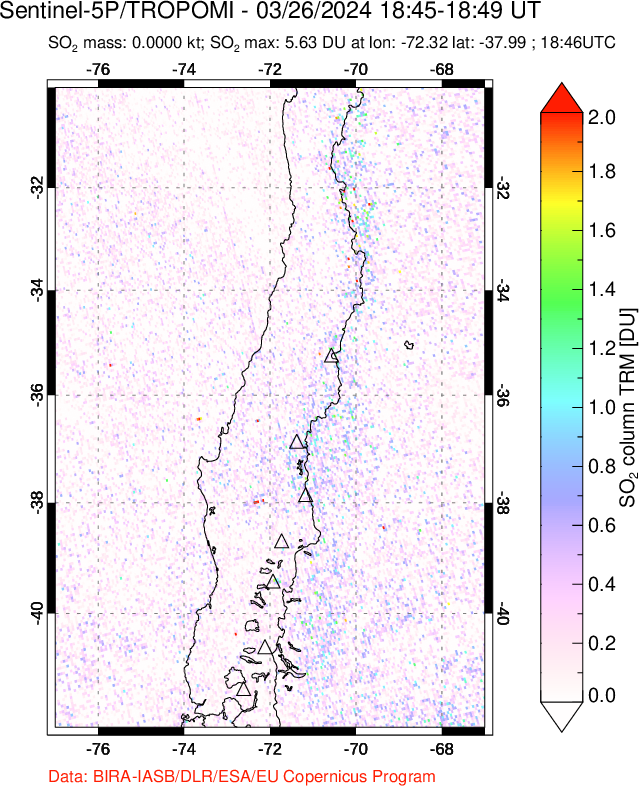 A sulfur dioxide image over Central Chile on Mar 26, 2024.