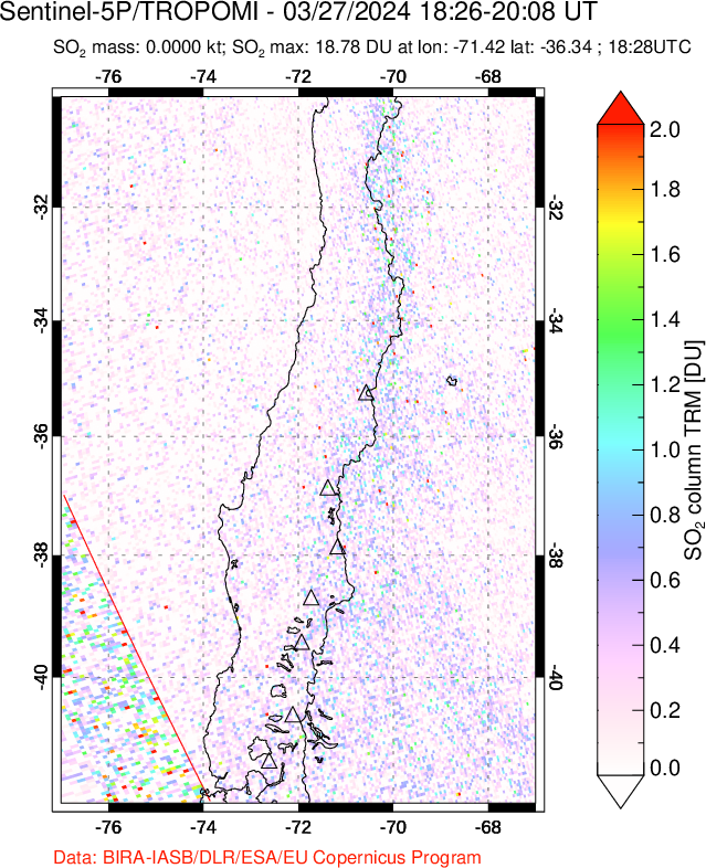 A sulfur dioxide image over Central Chile on Mar 27, 2024.