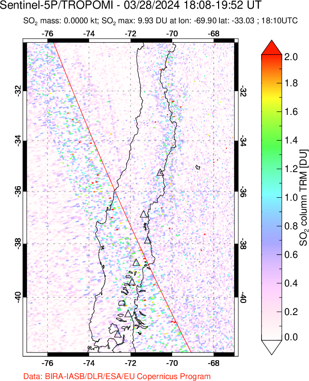 A sulfur dioxide image over Central Chile on Mar 28, 2024.