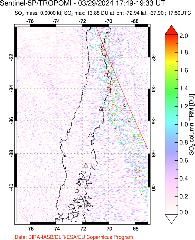 A sulfur dioxide image over Central Chile on Mar 29, 2024.