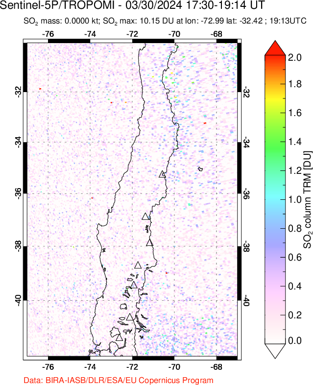 A sulfur dioxide image over Central Chile on Mar 30, 2024.