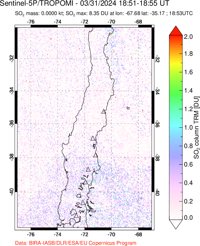 A sulfur dioxide image over Central Chile on Mar 31, 2024.