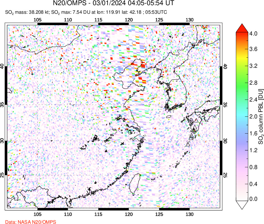 A sulfur dioxide image over Eastern China on Mar 01, 2024.