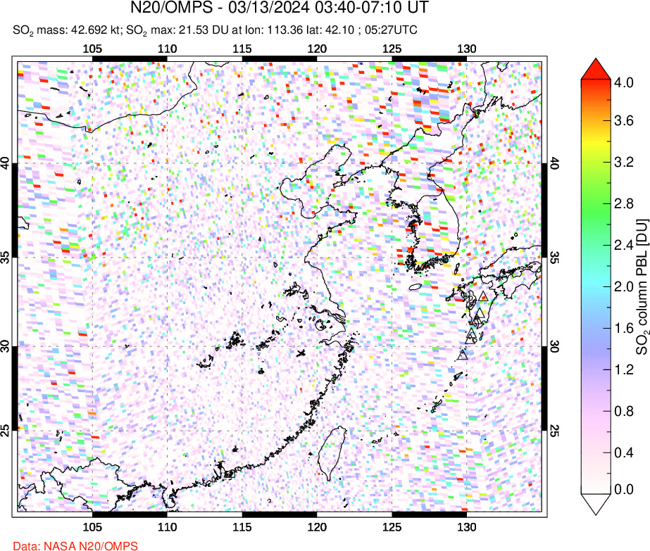 A sulfur dioxide image over Eastern China on Mar 13, 2024.