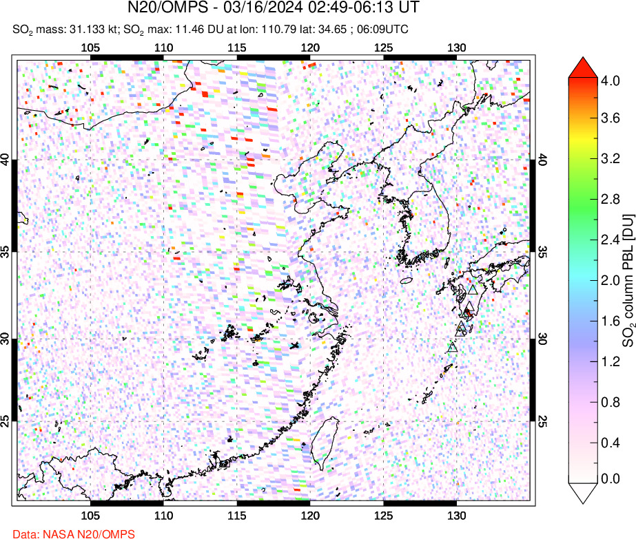 A sulfur dioxide image over Eastern China on Mar 16, 2024.