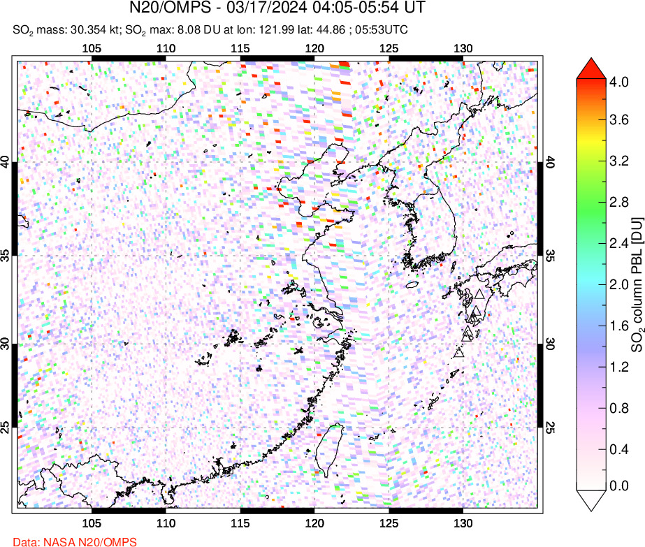 A sulfur dioxide image over Eastern China on Mar 17, 2024.