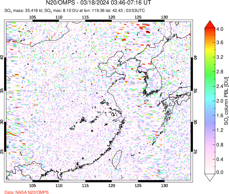 A sulfur dioxide image over Eastern China on Mar 18, 2024.