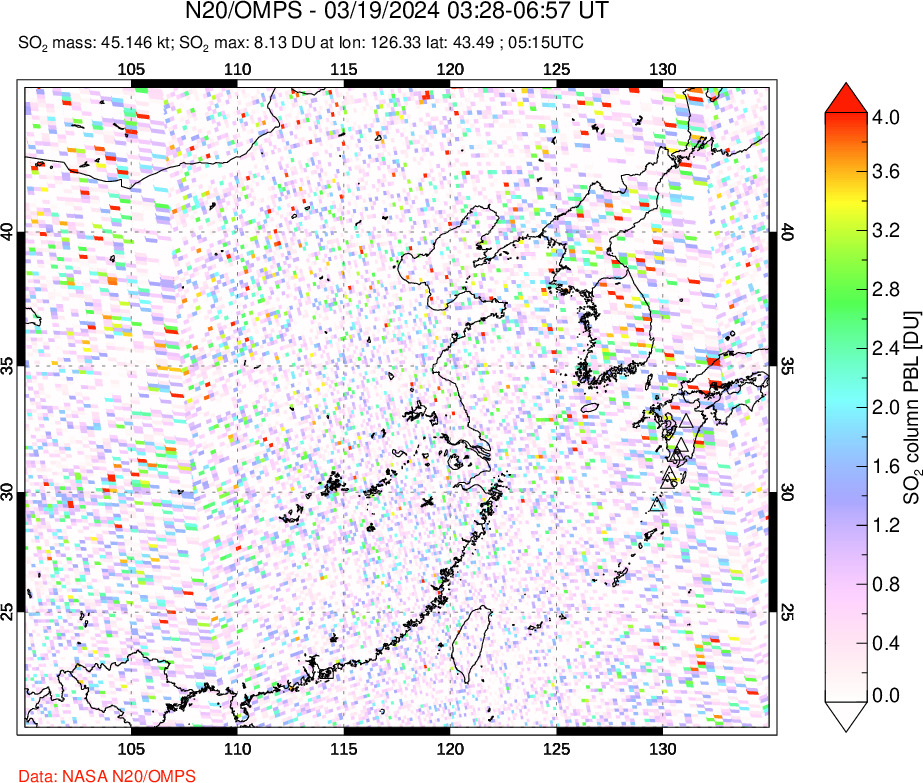 A sulfur dioxide image over Eastern China on Mar 19, 2024.