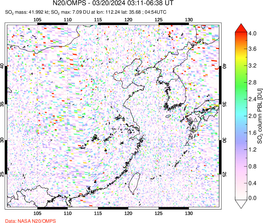 A sulfur dioxide image over Eastern China on Mar 20, 2024.