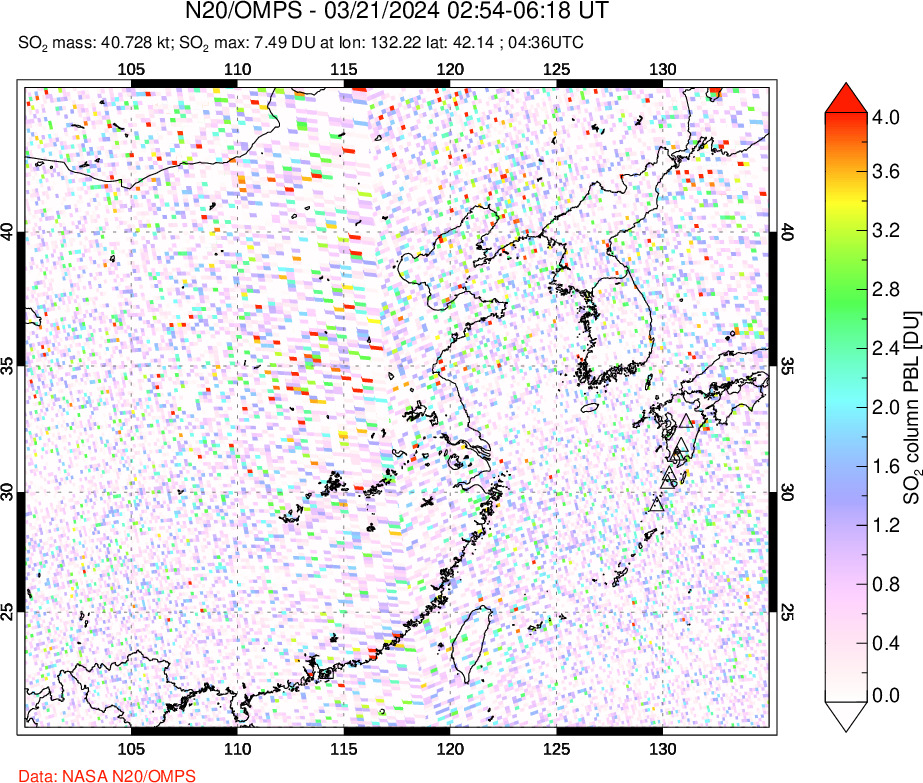 A sulfur dioxide image over Eastern China on Mar 21, 2024.