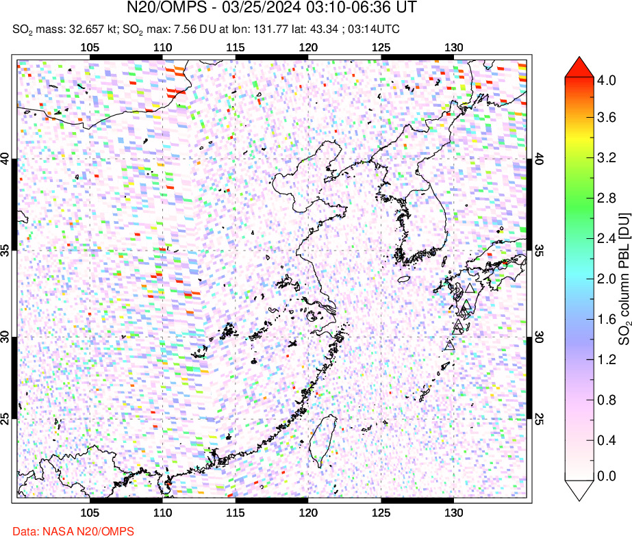 A sulfur dioxide image over Eastern China on Mar 25, 2024.