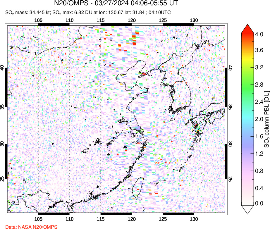 A sulfur dioxide image over Eastern China on Mar 27, 2024.