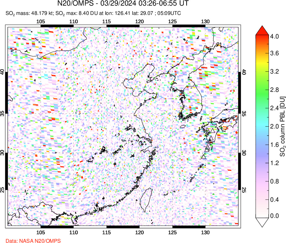 A sulfur dioxide image over Eastern China on Mar 29, 2024.