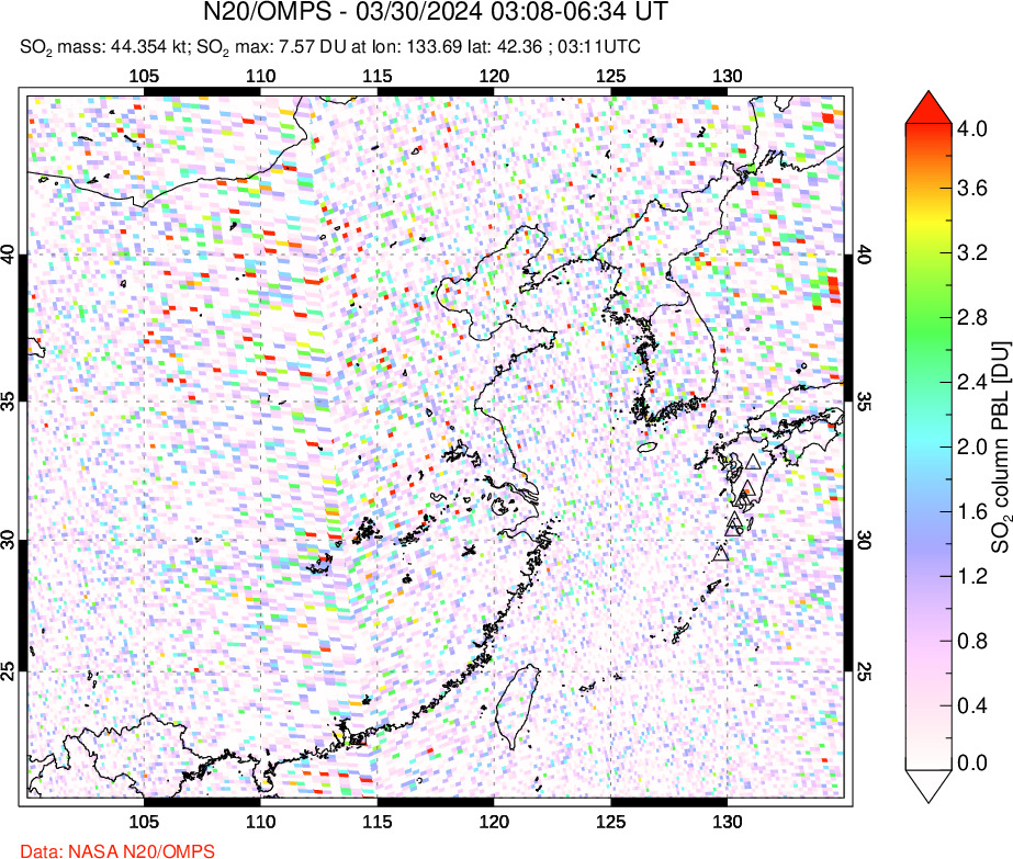 A sulfur dioxide image over Eastern China on Mar 30, 2024.