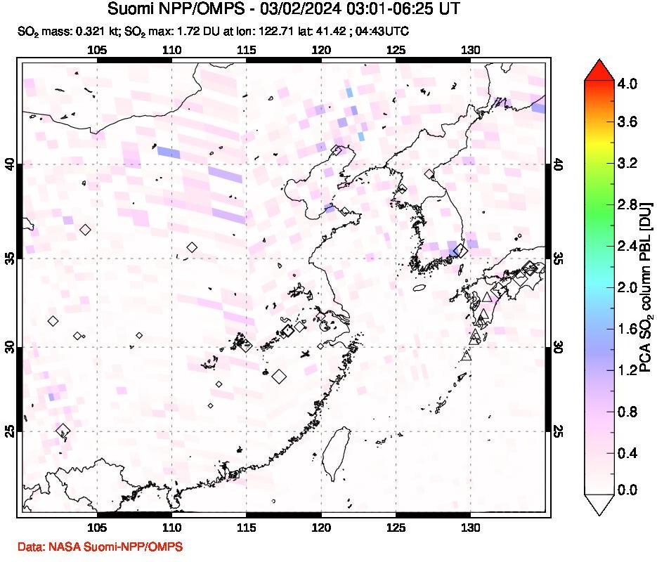 A sulfur dioxide image over Eastern China on Mar 02, 2024.