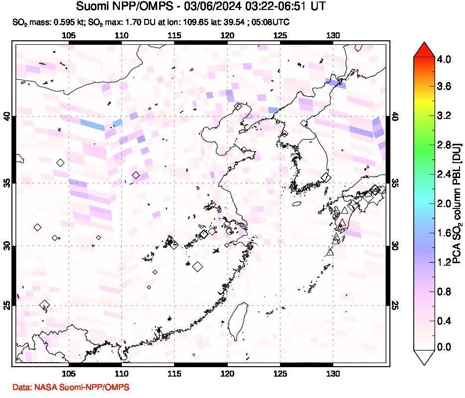 A sulfur dioxide image over Eastern China on Mar 06, 2024.