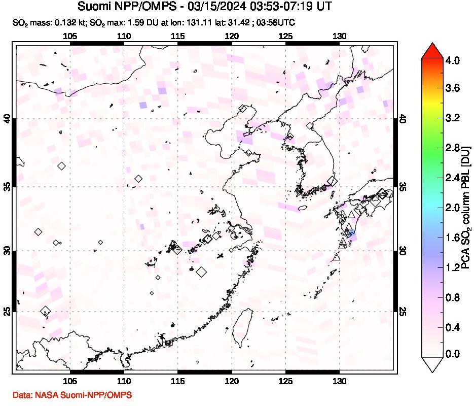 A sulfur dioxide image over Eastern China on Mar 15, 2024.