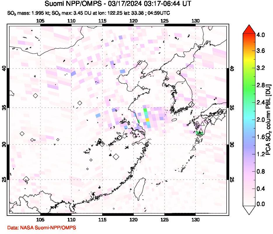 A sulfur dioxide image over Eastern China on Mar 17, 2024.