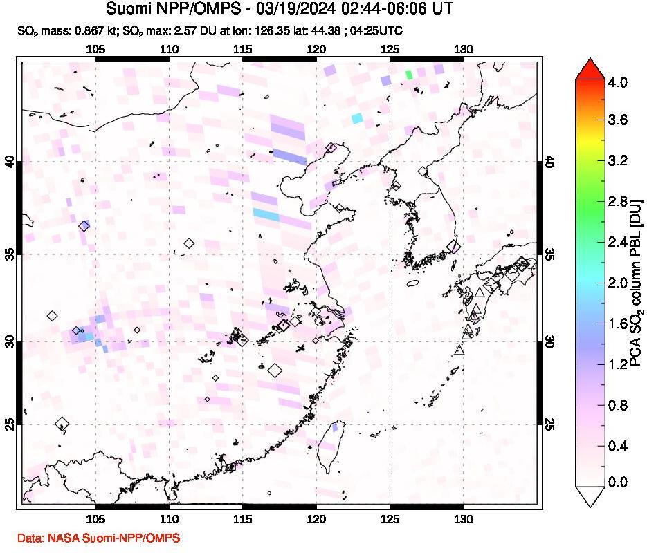 A sulfur dioxide image over Eastern China on Mar 19, 2024.