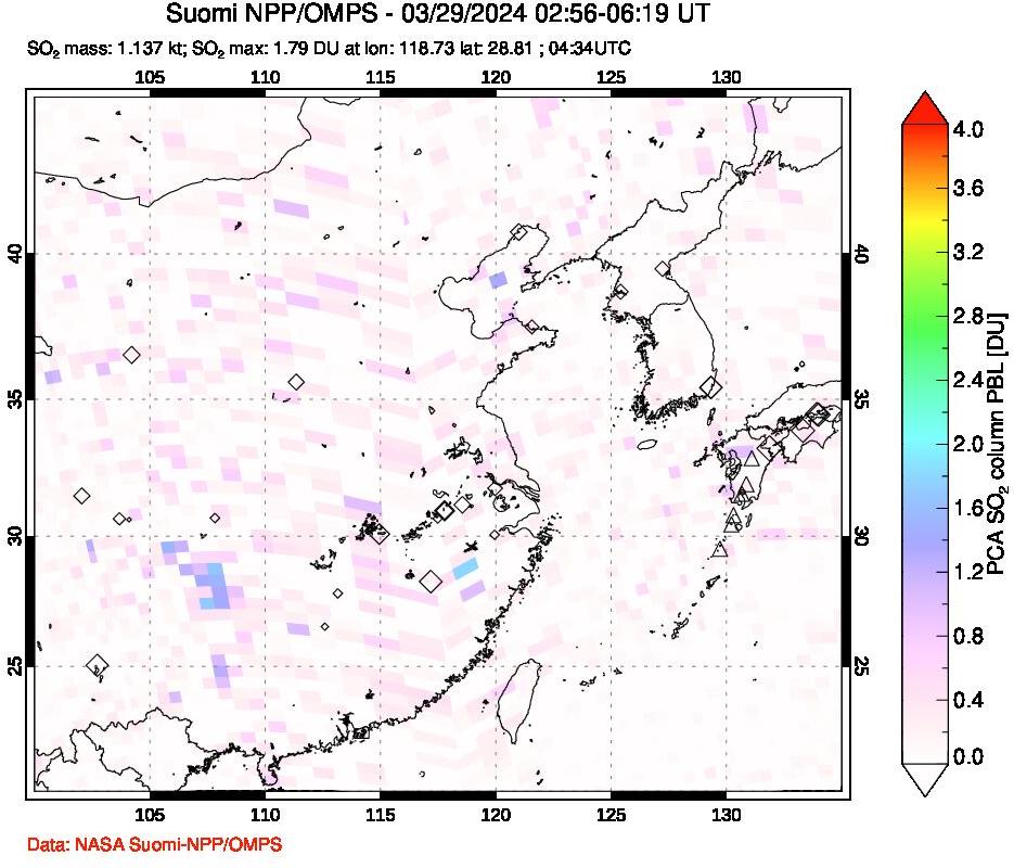 A sulfur dioxide image over Eastern China on Mar 29, 2024.