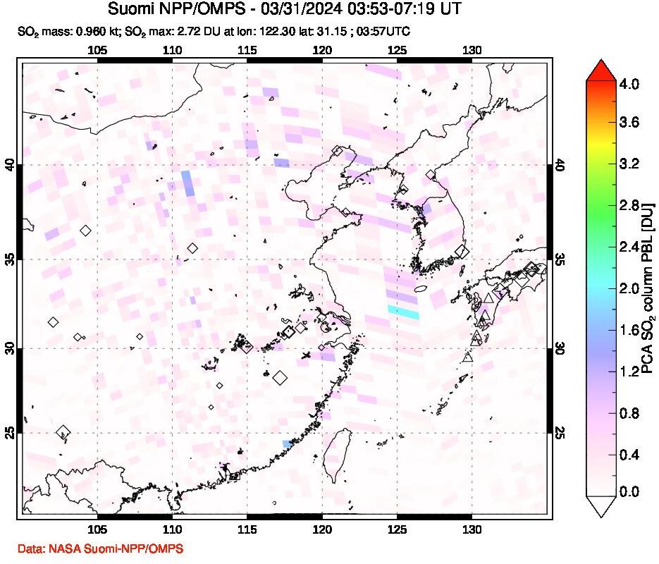 A sulfur dioxide image over Eastern China on Mar 31, 2024.