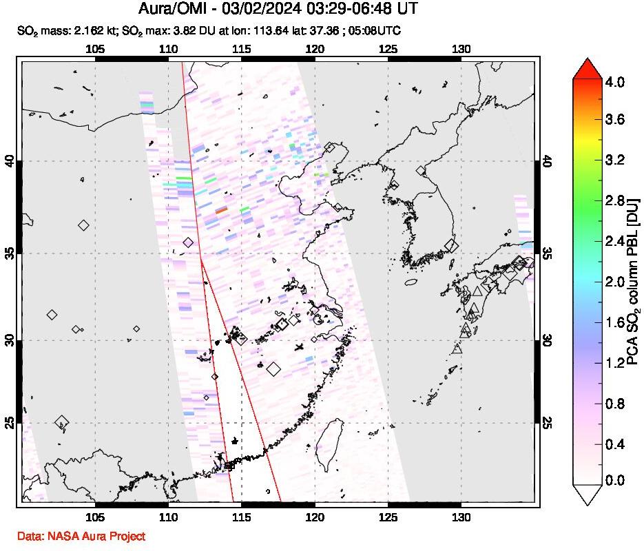 A sulfur dioxide image over Eastern China on Mar 02, 2024.