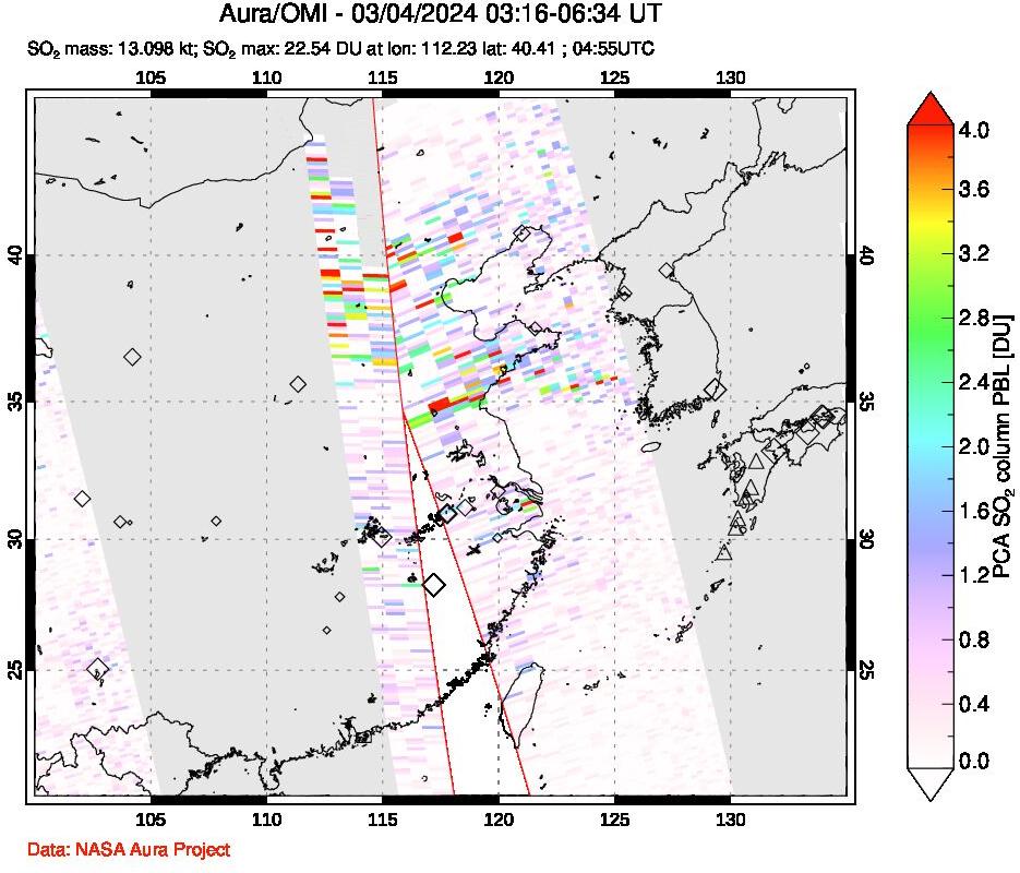 A sulfur dioxide image over Eastern China on Mar 04, 2024.