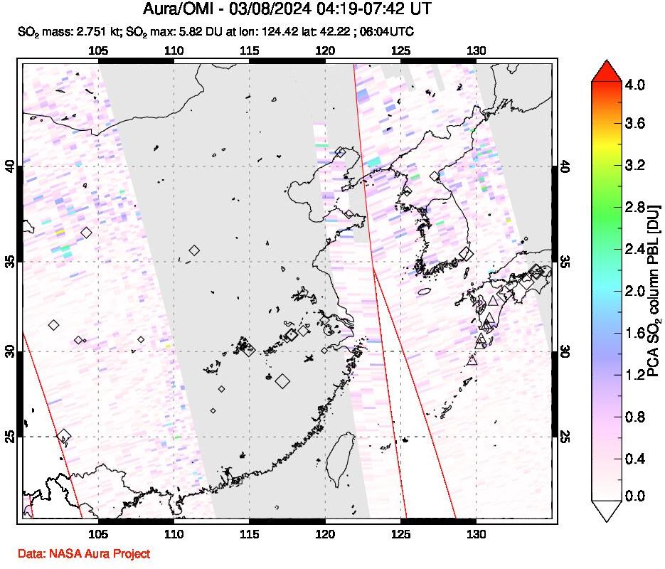 A sulfur dioxide image over Eastern China on Mar 08, 2024.