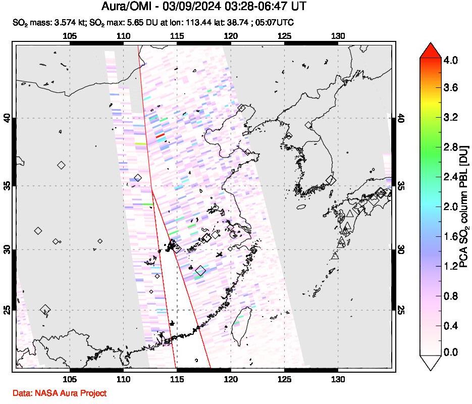 A sulfur dioxide image over Eastern China on Mar 09, 2024.