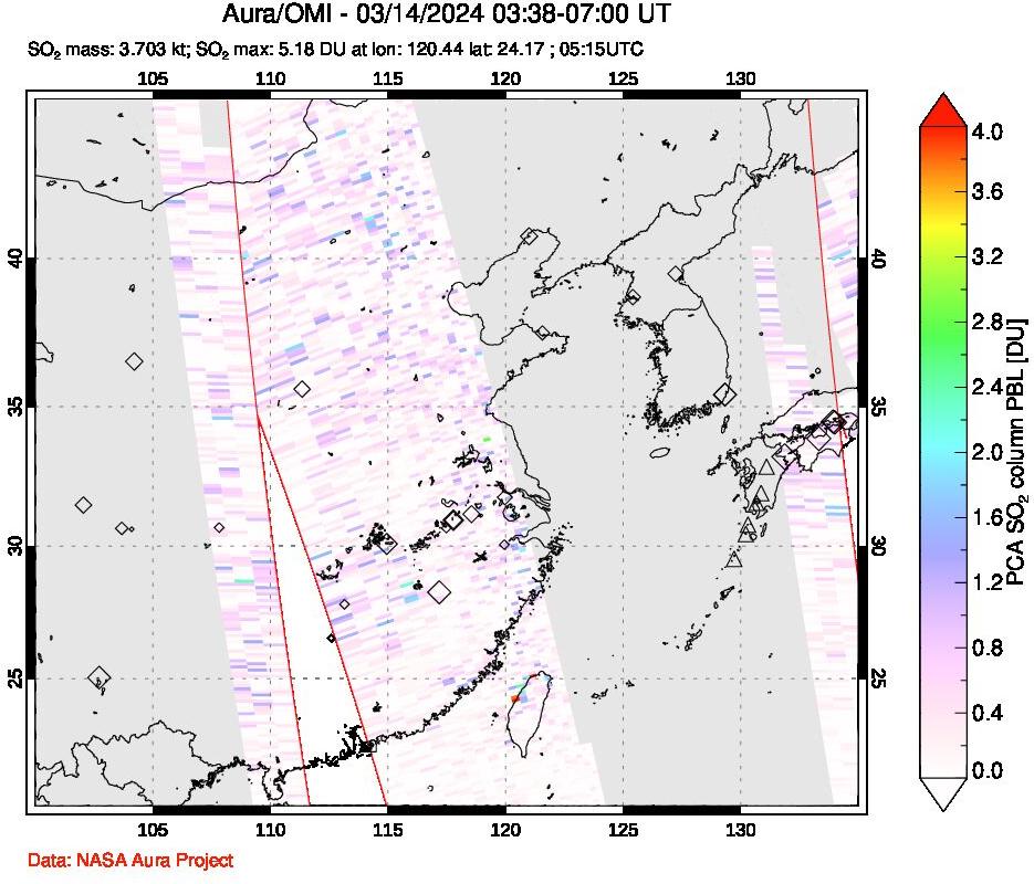 A sulfur dioxide image over Eastern China on Mar 14, 2024.