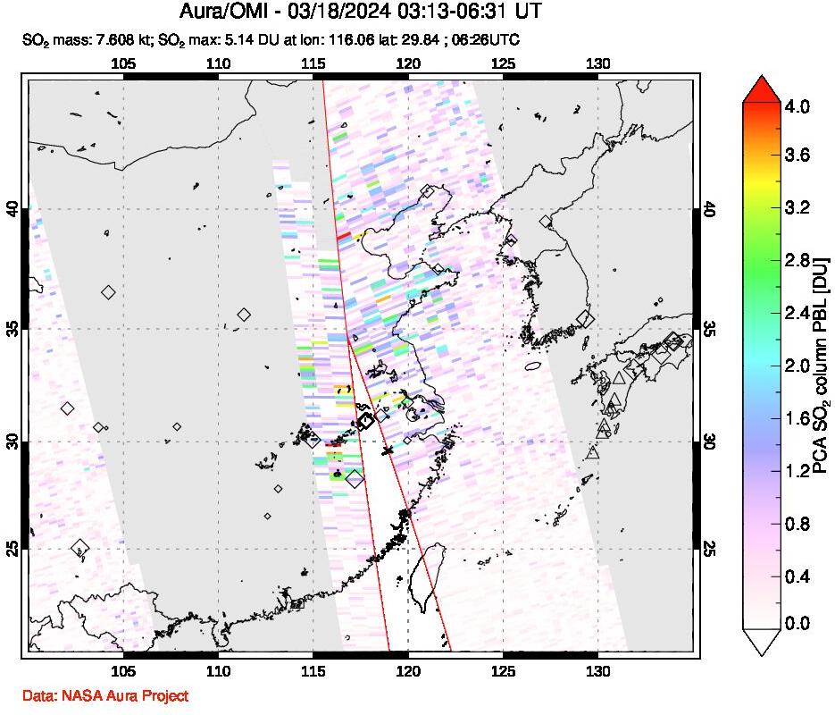 A sulfur dioxide image over Eastern China on Mar 18, 2024.