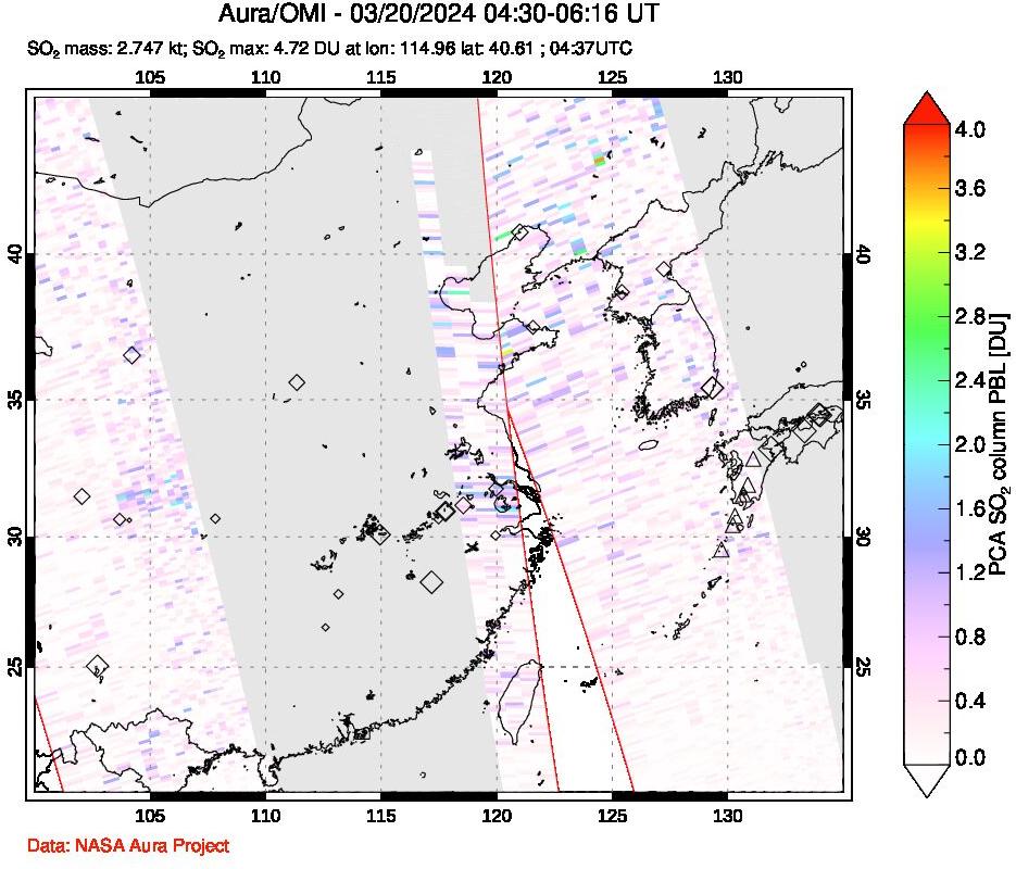 A sulfur dioxide image over Eastern China on Mar 20, 2024.