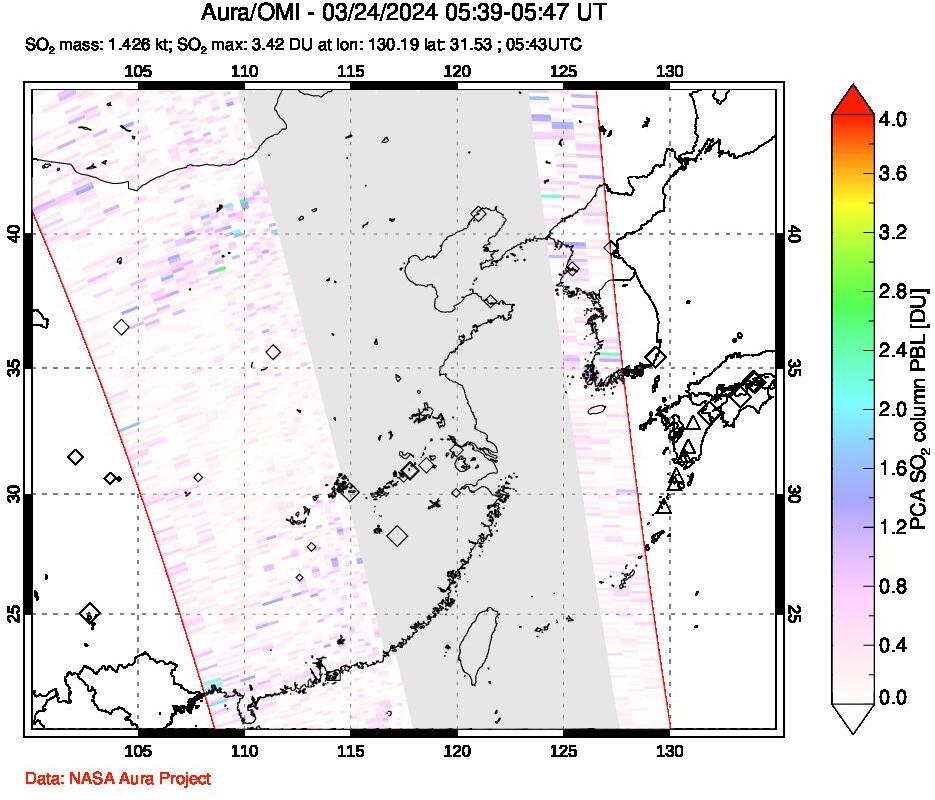 A sulfur dioxide image over Eastern China on Mar 24, 2024.