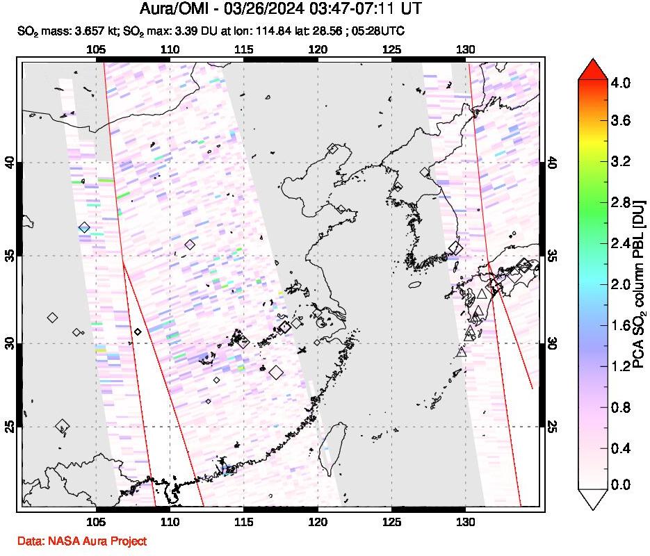 A sulfur dioxide image over Eastern China on Mar 26, 2024.