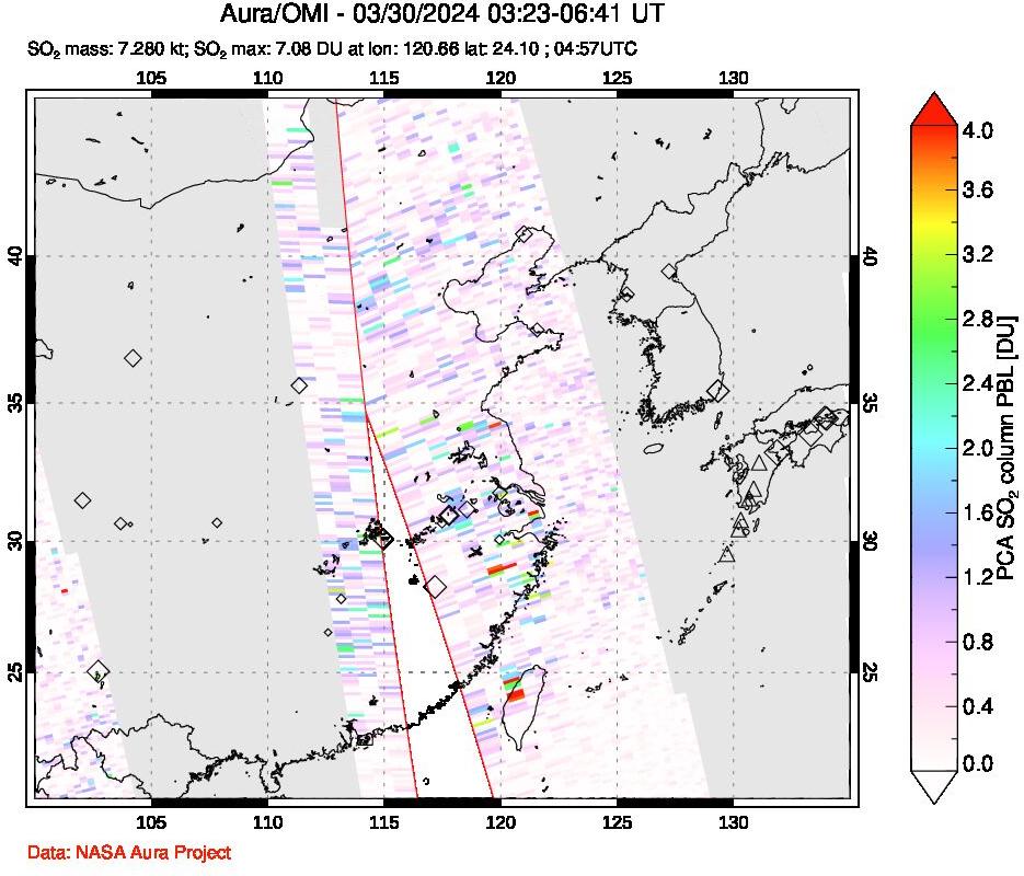 A sulfur dioxide image over Eastern China on Mar 30, 2024.