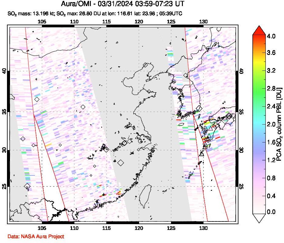 A sulfur dioxide image over Eastern China on Mar 31, 2024.