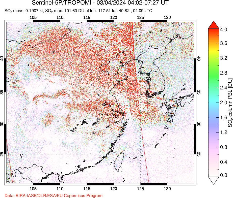 A sulfur dioxide image over Eastern China on Mar 04, 2024.