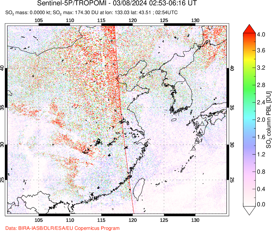 A sulfur dioxide image over Eastern China on Mar 08, 2024.