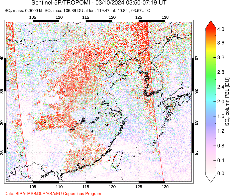 A sulfur dioxide image over Eastern China on Mar 10, 2024.